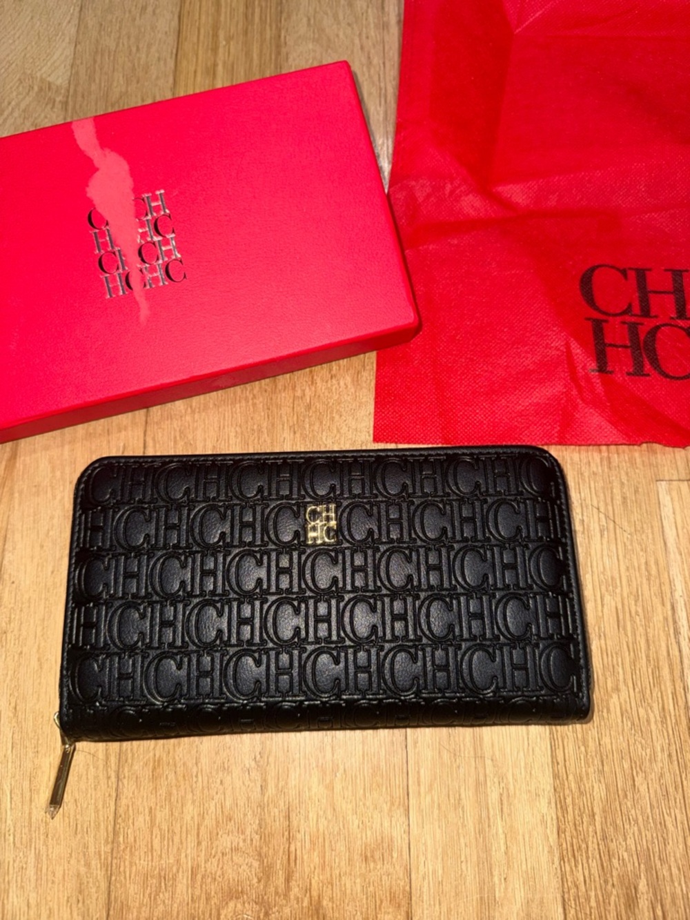 Carolina Herrera Black Embossed CH Zip-Around Wallet
